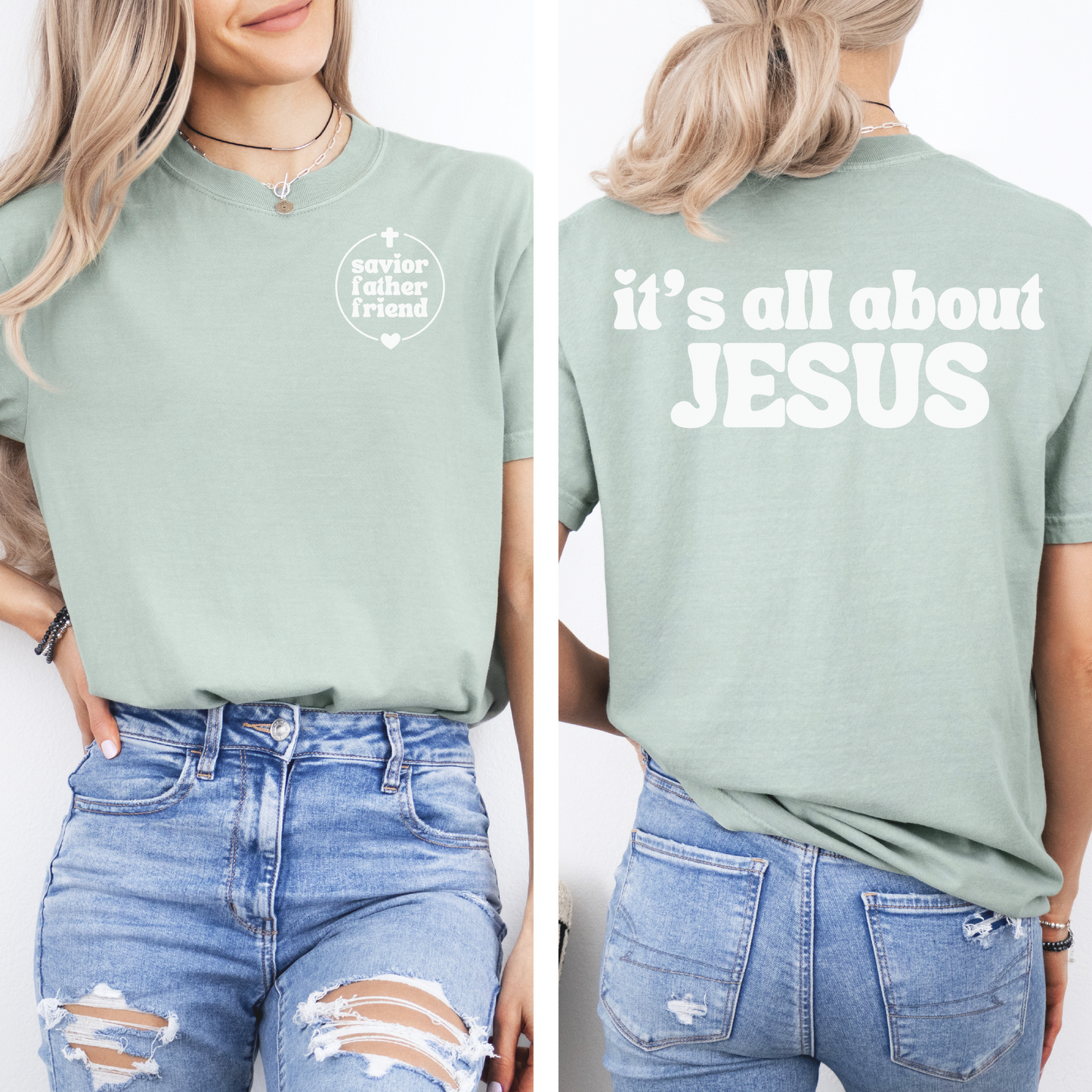 Christian t-shirt with It's All About Jesus." Bible verse tee for women and teens.