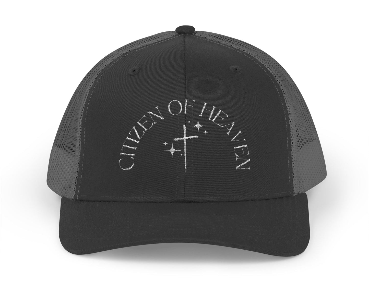 Black Christian Trucker Hat in black with embroidered cross. Adjustable faith based hat.
