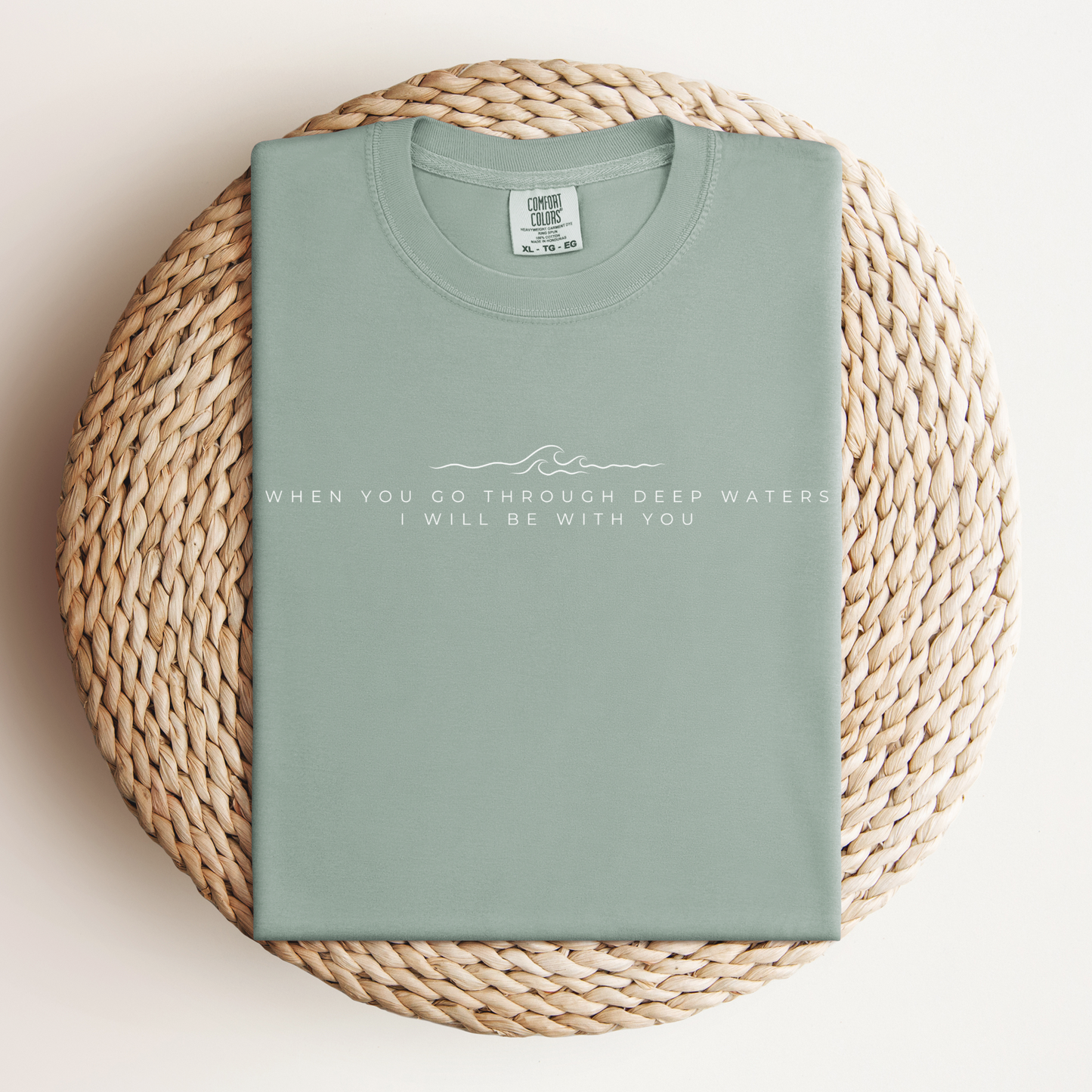 Christian shirt with scripture Isaiah 43.2. Neutral faith-based unisex t-shirt.