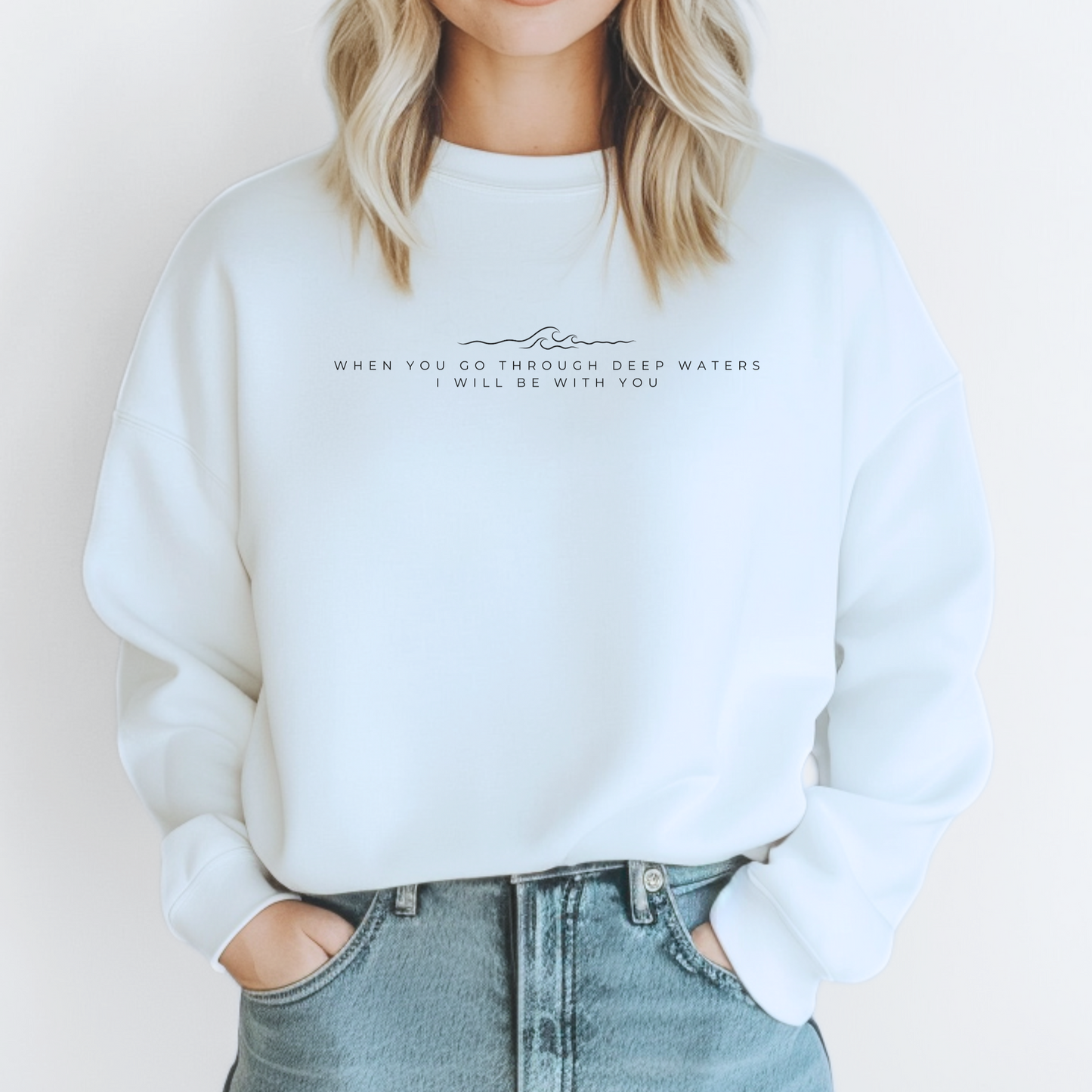 Christian sweatshirt with wave design and bible verse. Faith gift inspired from Isaiah.