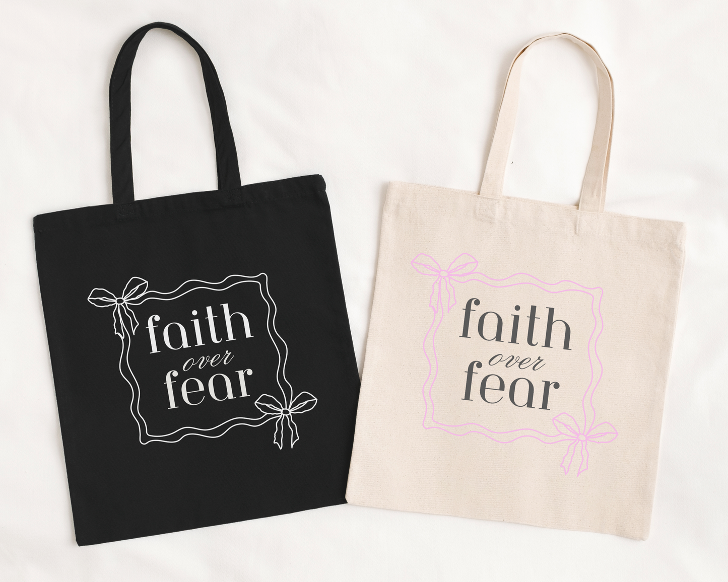 Faith Over Fear tote bag in neutral or black. Eco friendly tote bag for daily use and Bible study.