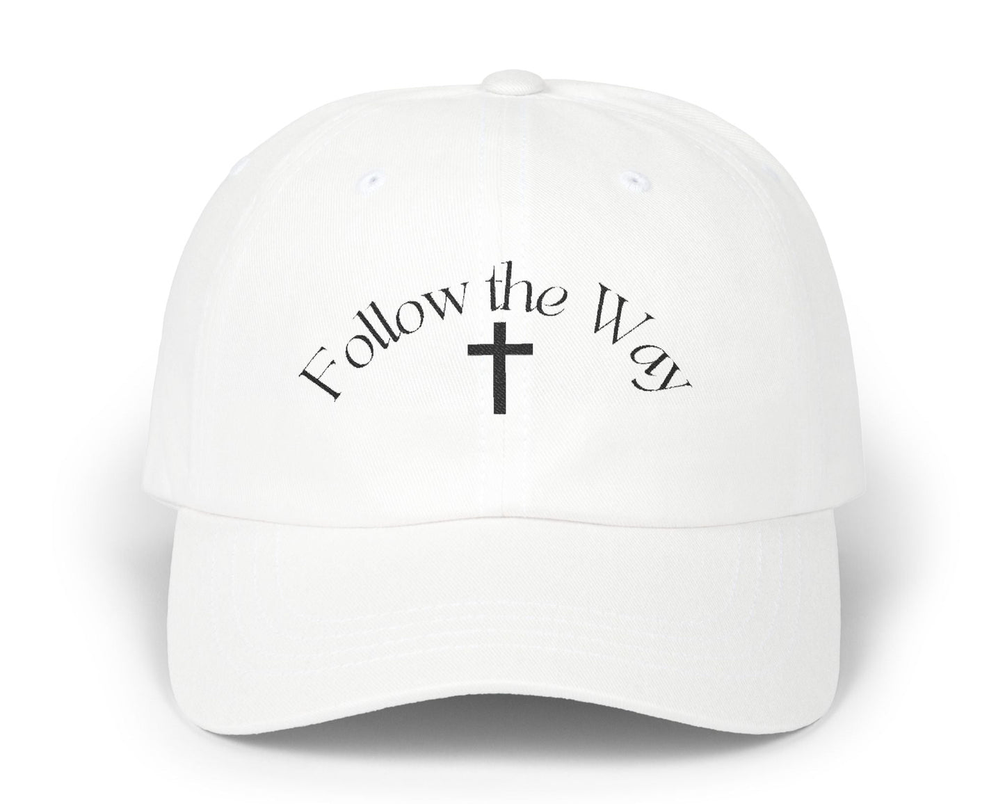 White Christian dad cap with black embroidery. Casual Jesus apparel with cross detail. Follow the Way Christian hat.