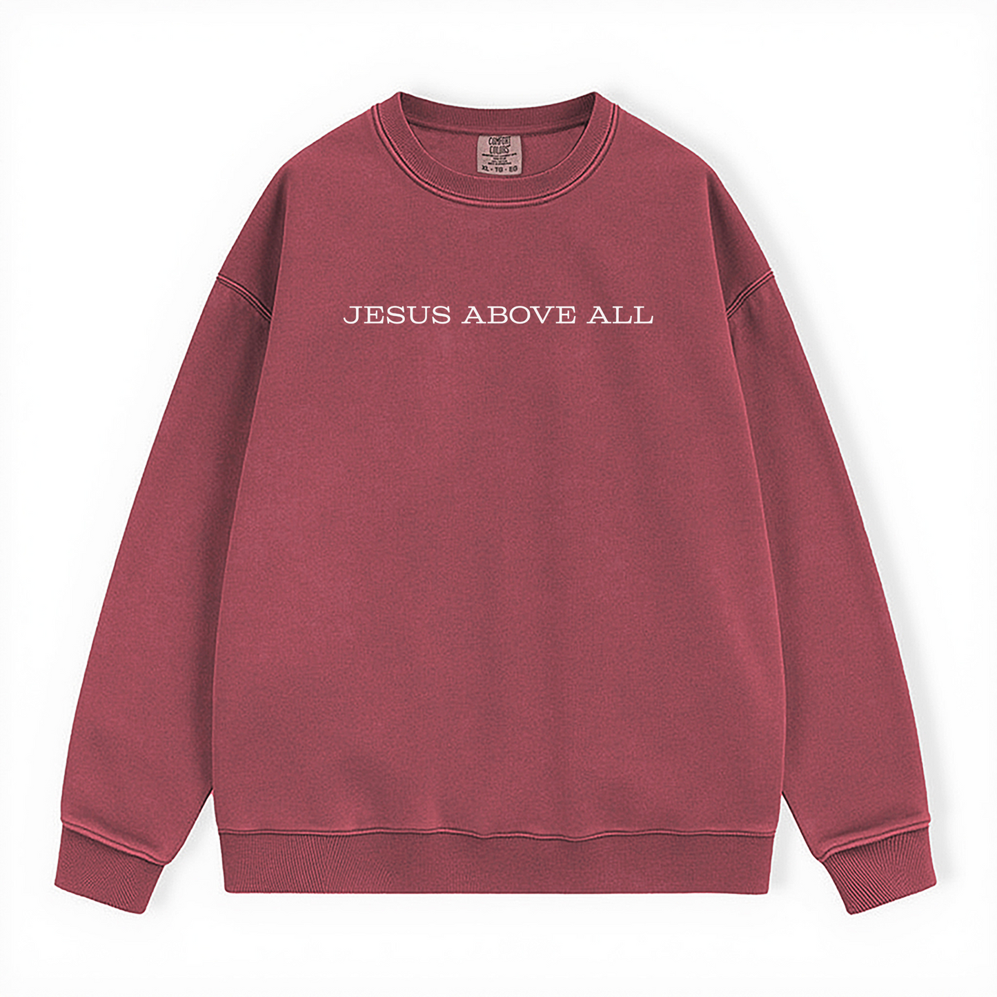 Faith Based Sweatshirt in crimson color. Unisex faith-based gift idea. Jesus above all text.