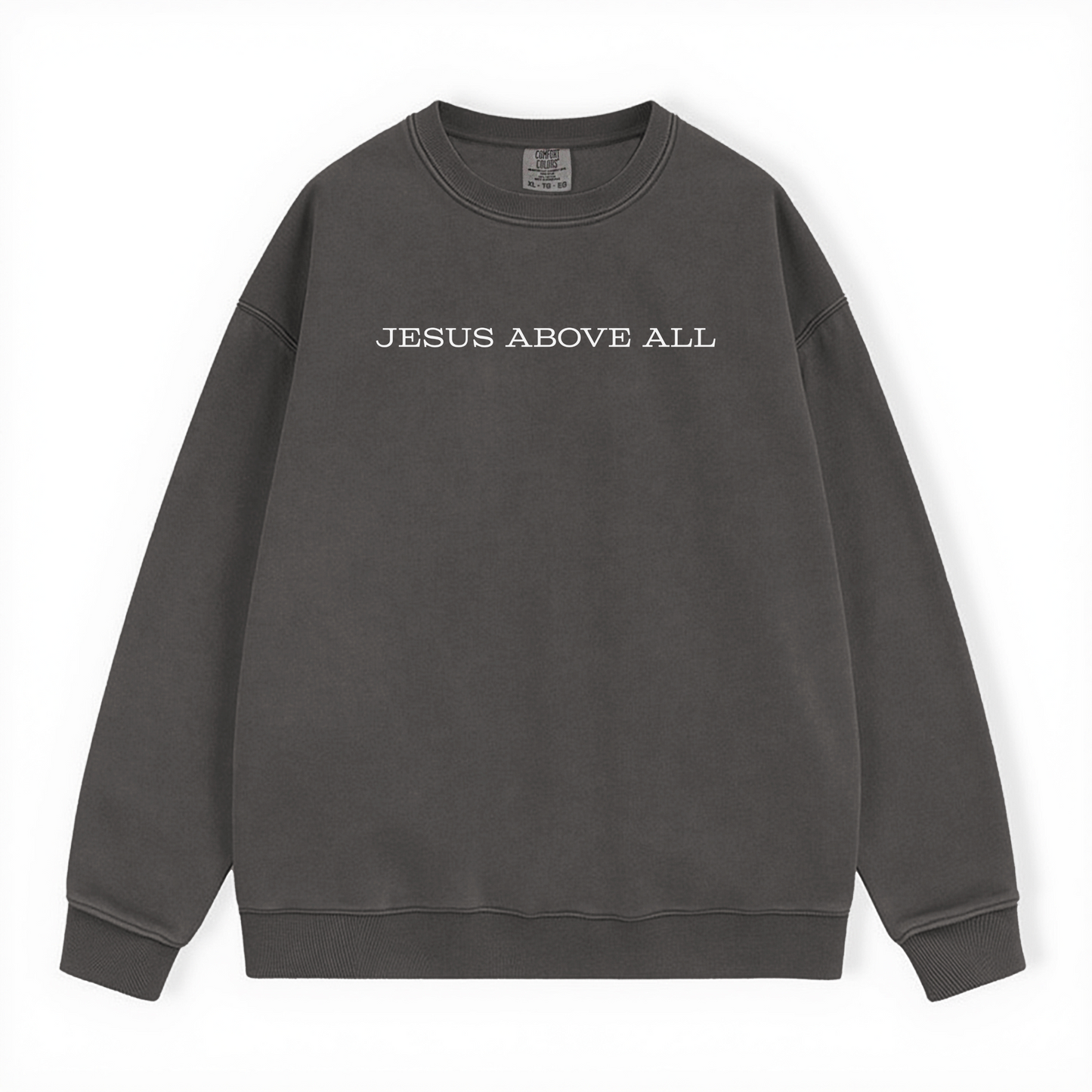 Christian Faith Unisex Sweatshirt with Jesus Above All text. Pepper color.