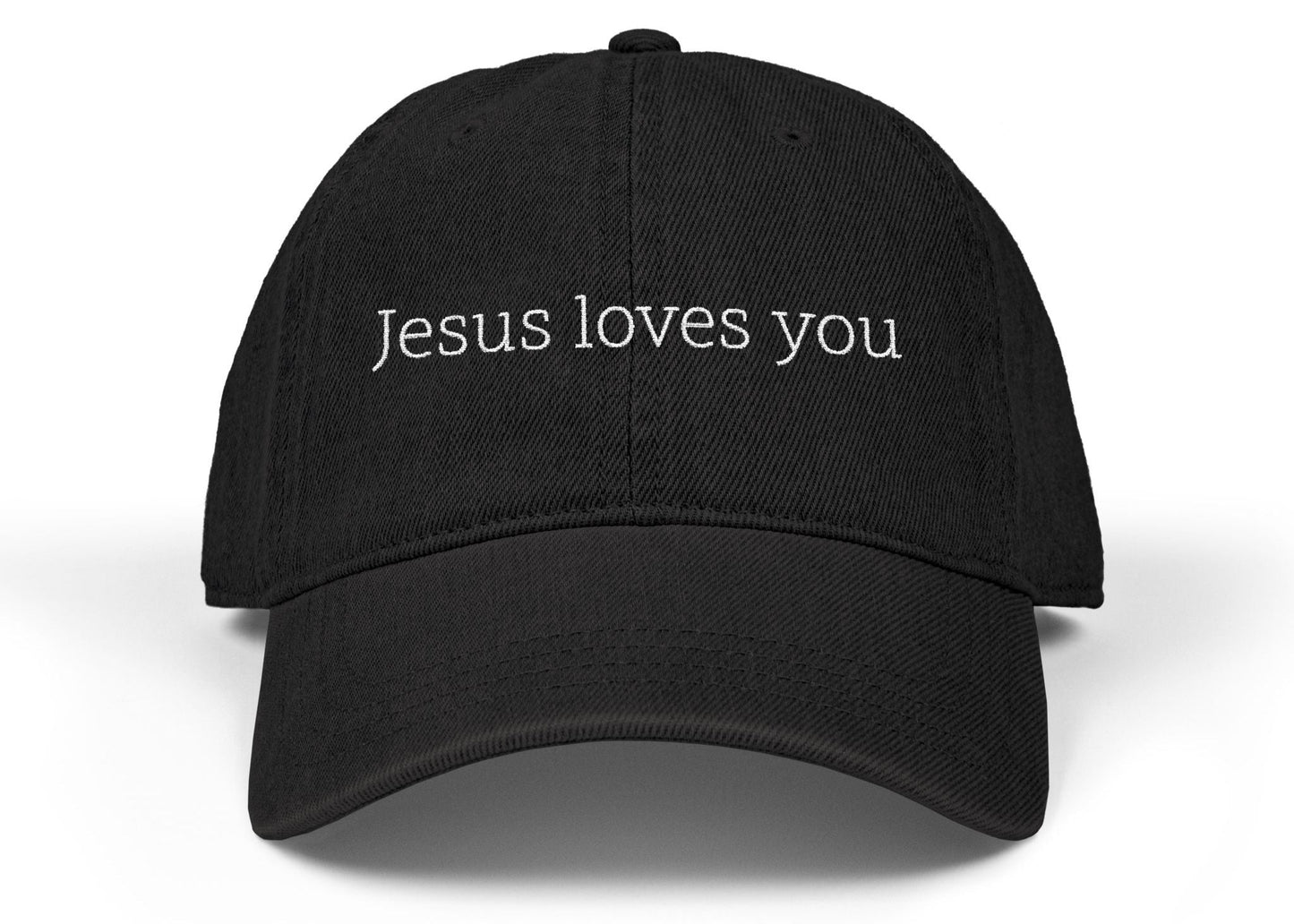 Jesus Loves You Christian hat. Black denim with white embroidered text.