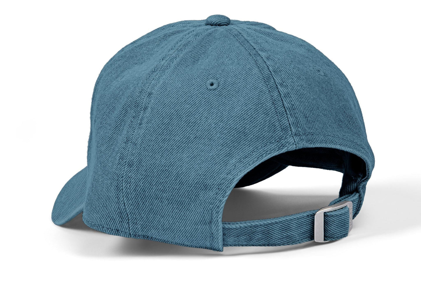 Faith-based baseball cap in blue denim with white embroidered text. Christian hat gift idea.