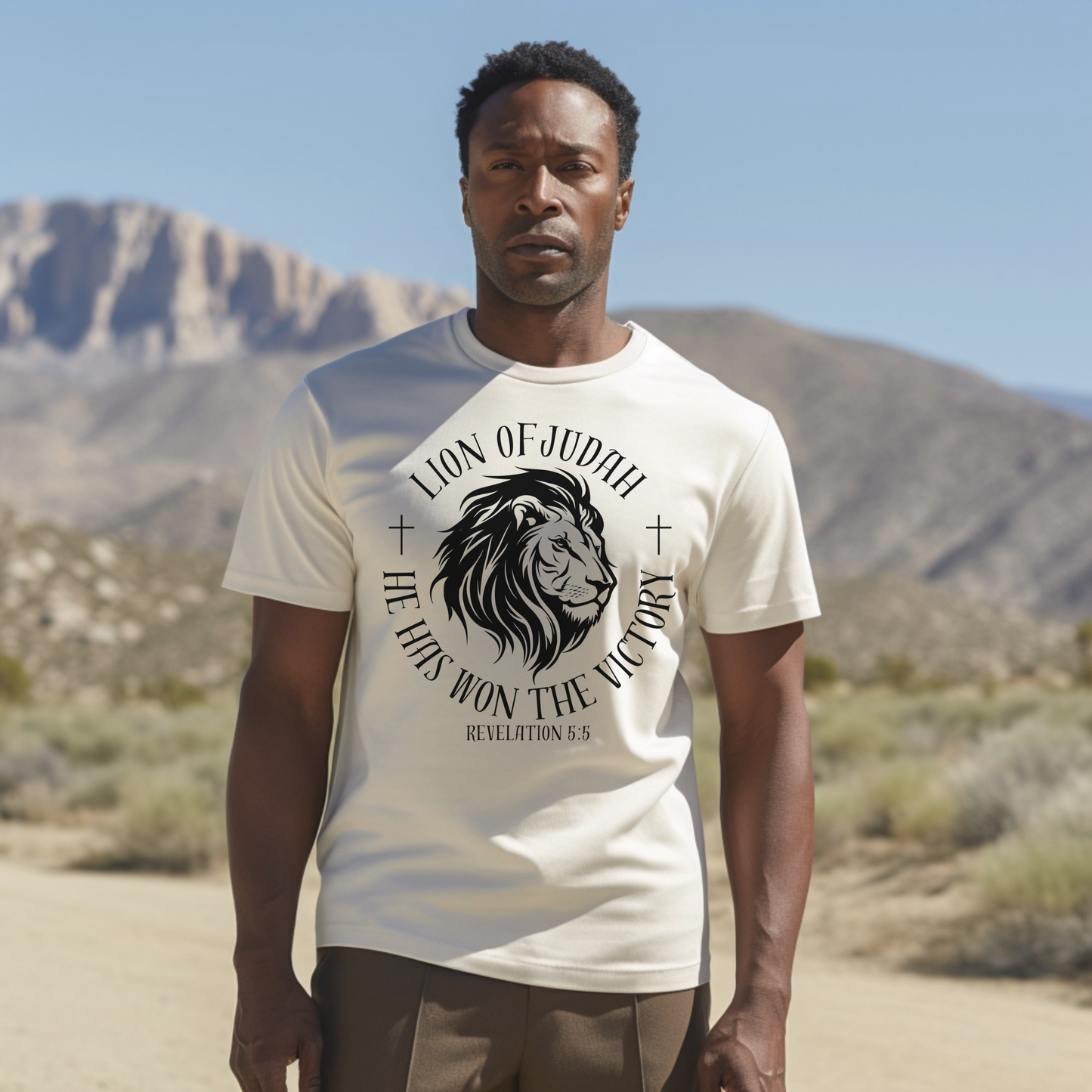 Faith based tshirt with lion and bible verse from revelation 5:5.