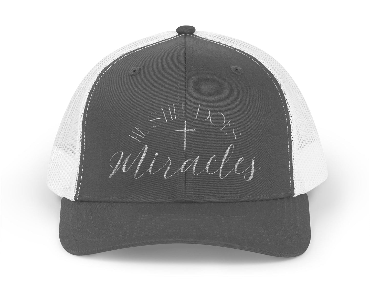 Adjustable faith based trucker hat with breathable mesh back.