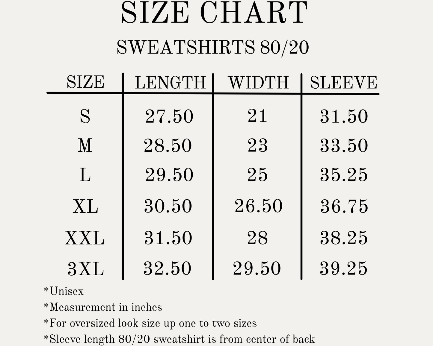 Size chart for faith-based sweatshirts.
