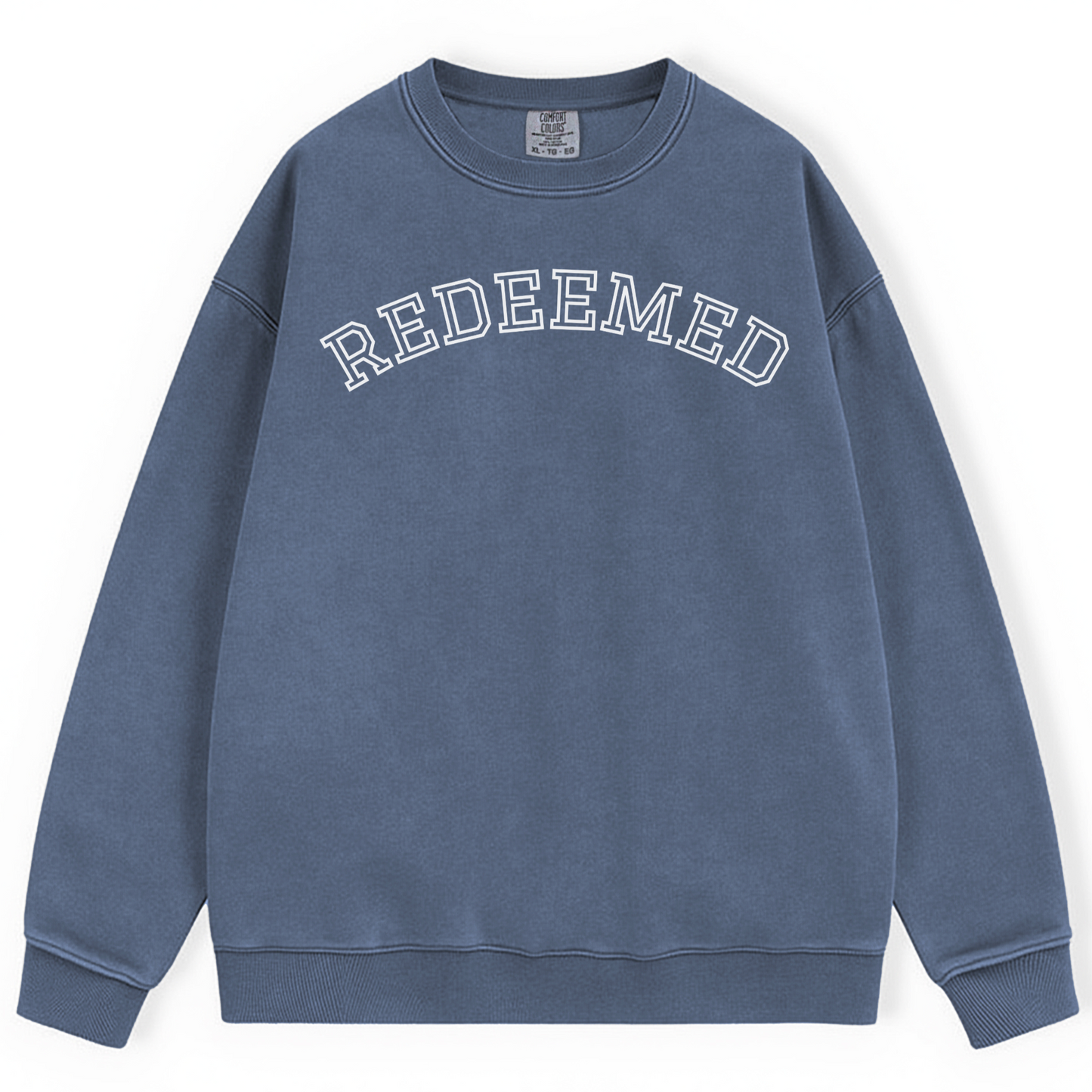 Faith Based Sweatshirt in denim color with simple text reading"Redeemed". Inspired by Bible verse.