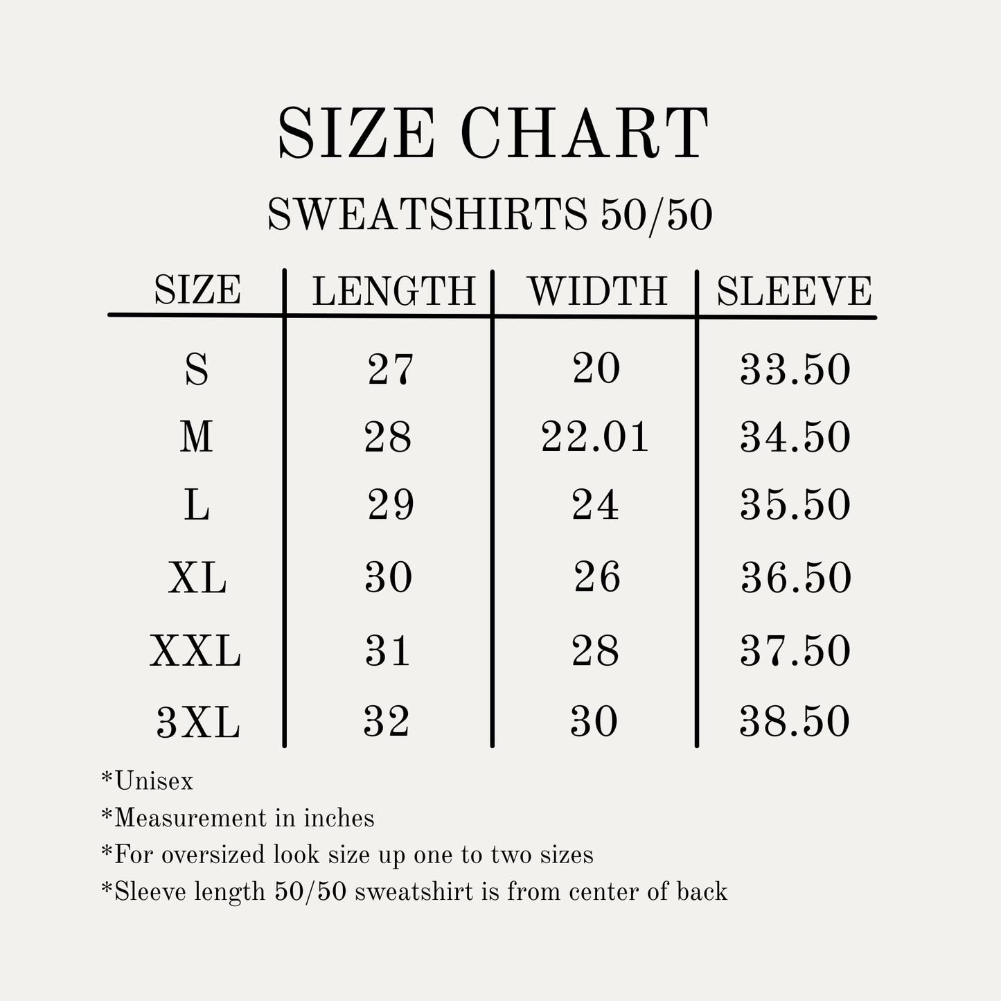 Sizing chart for faith based Christian sweatshirt.