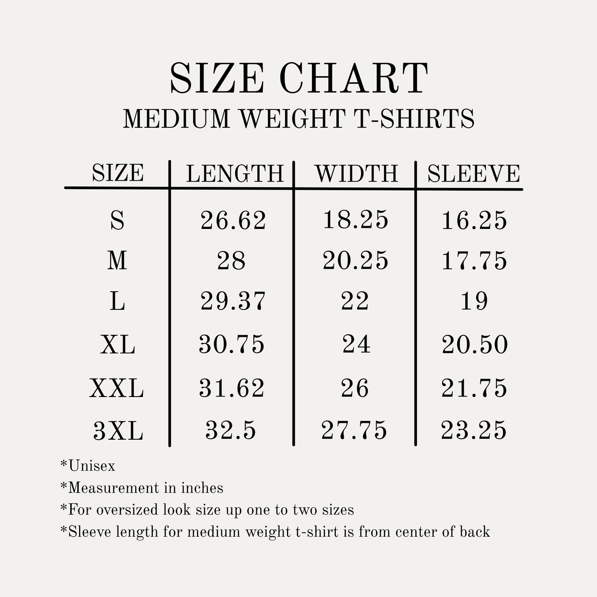 Size chart for medium weight Christian T-shirt. Several in sizes S-3XL.