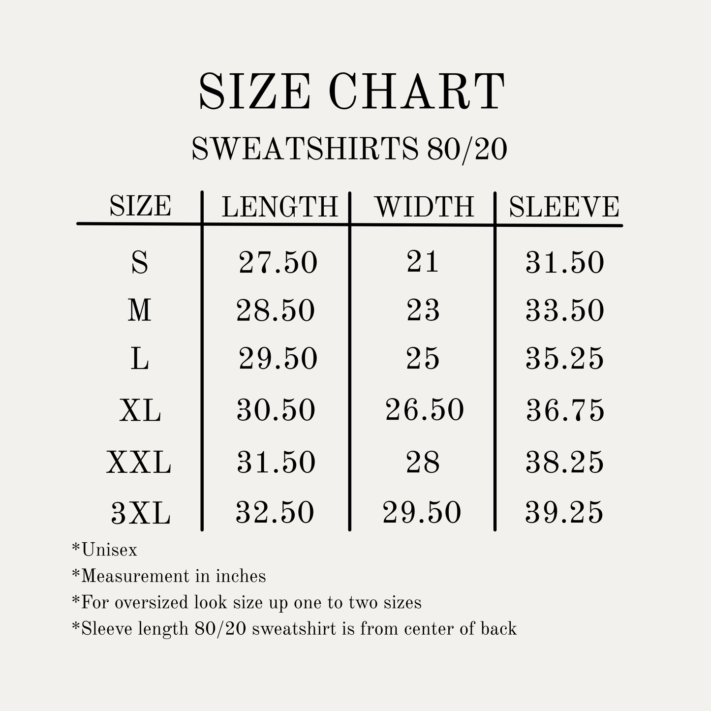 Sizing chart for cozy faith based sweatshirt in sizes S-3XL.