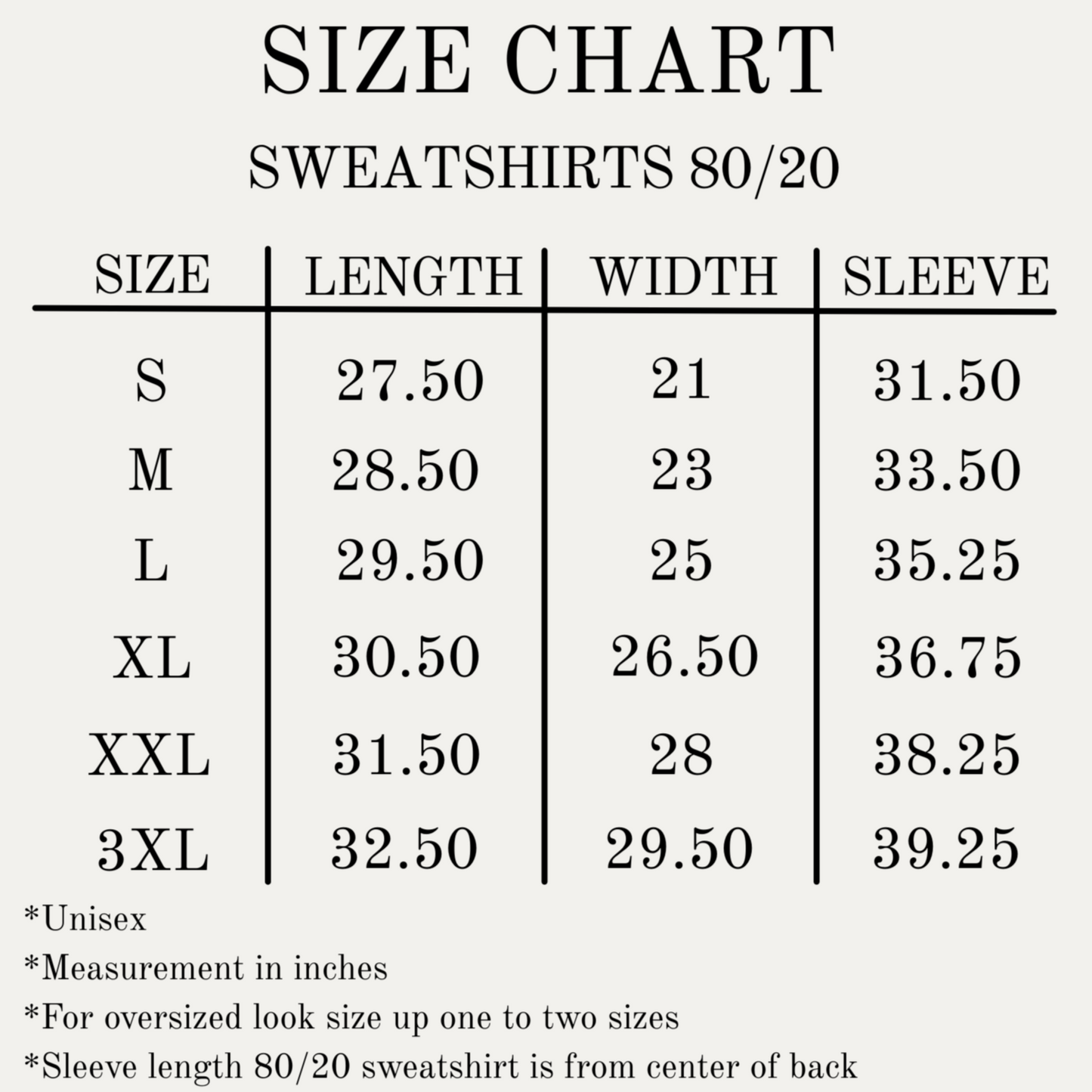 Size chart for Christian sweatshirts in sizes S-3XL.