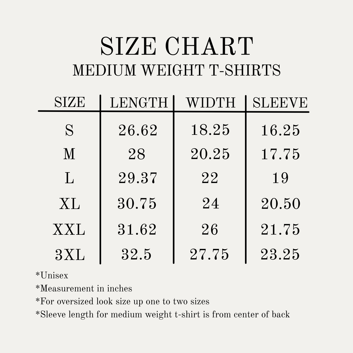 Size chart for medium weight faith baed t-shirts with measurements in inches.