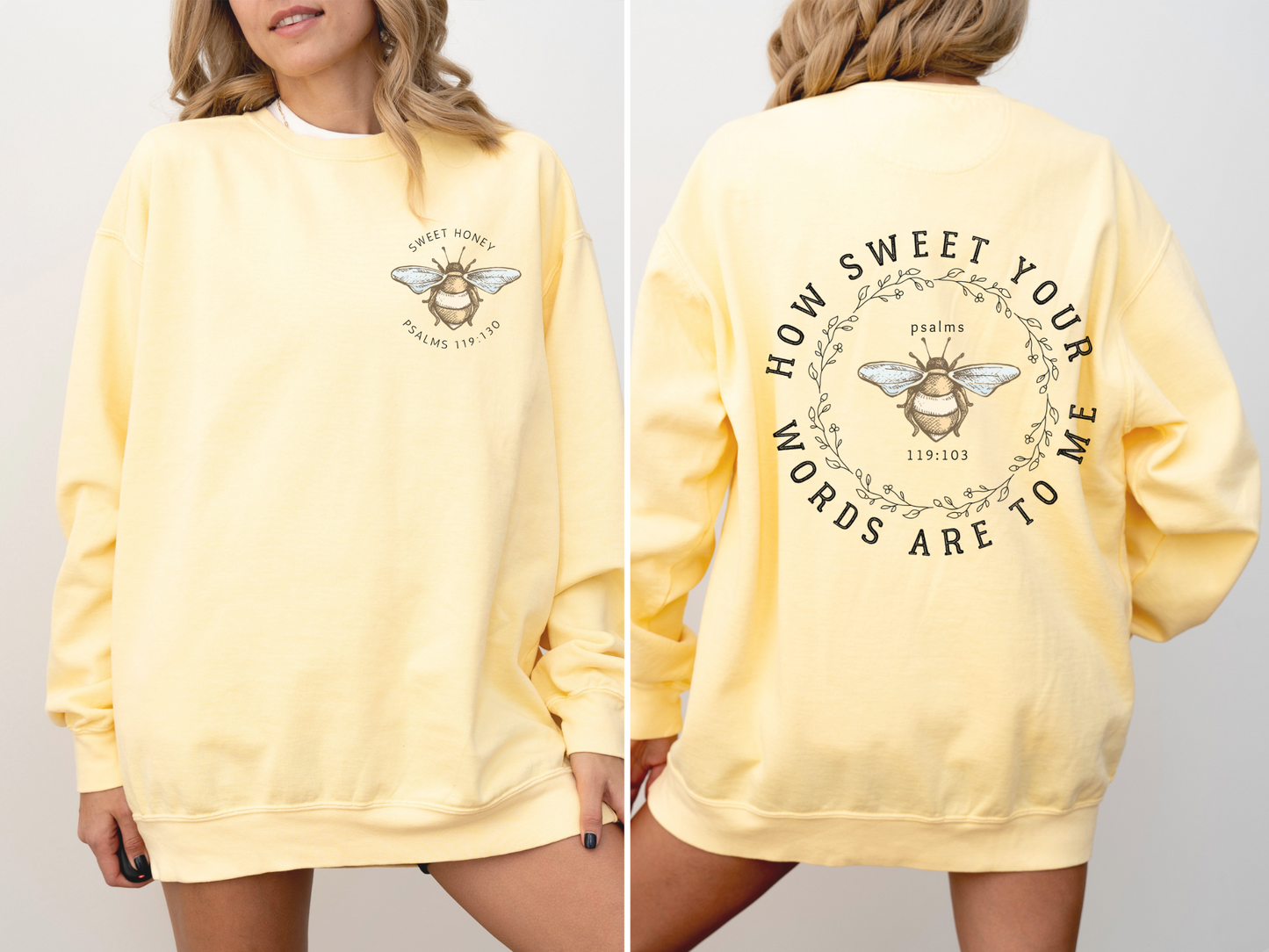 Christian crewneck sweatshirt with bible verse and bee design detail. Faith based gift idea. Butter colored sweatshirt.
