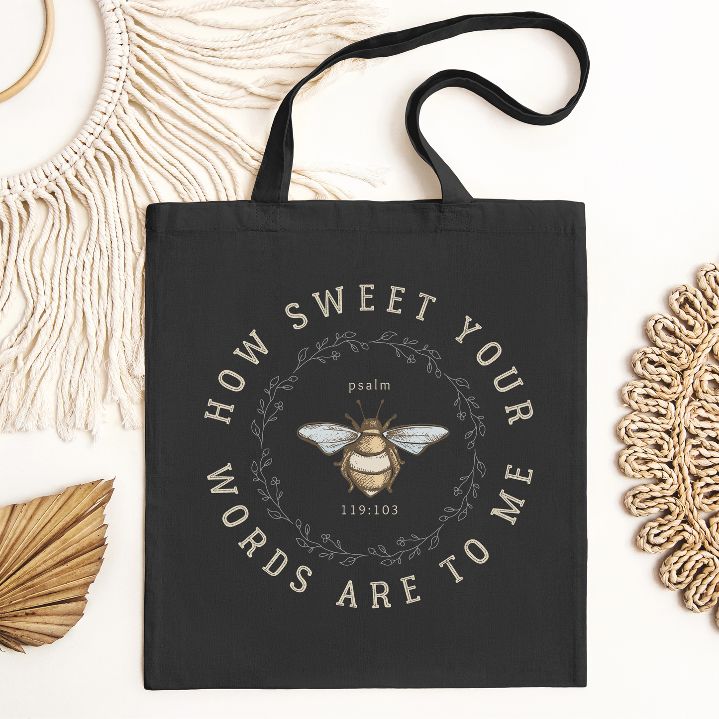 Bible verse tote bag with scripture from Psalms 119:103. 100% cotton canvas tote bag.