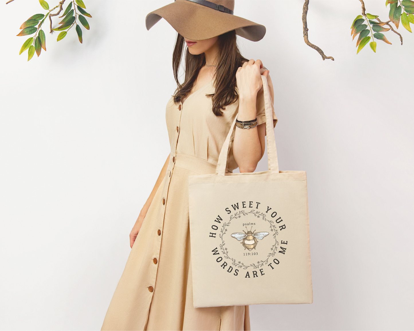 Christian tote bag with bee graphic and Psalm 119:103 with text "How Sweet Your Words Are To Me."