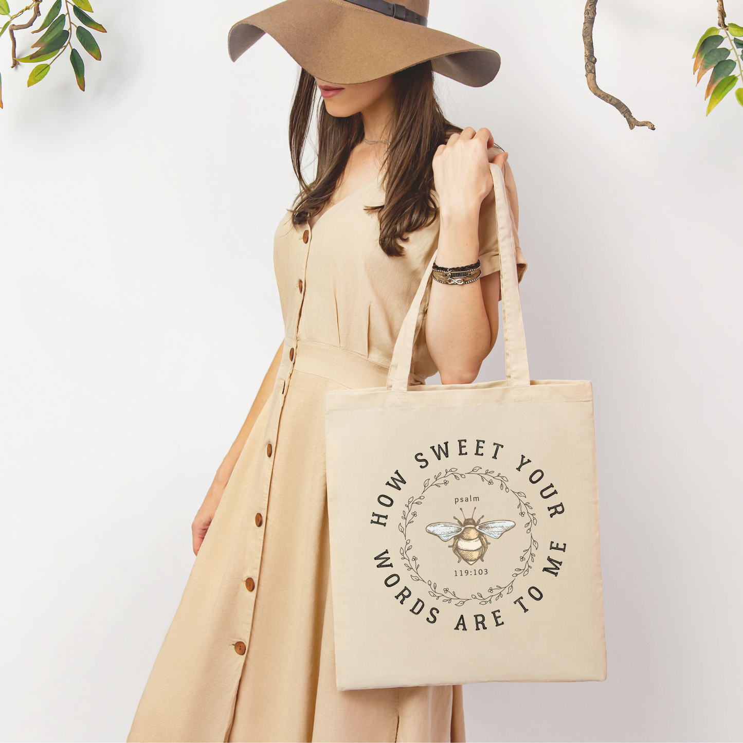 Christian tote bag with bee graphic and Psalm 119:103 with text "How Sweet Your Words Are To Me."
