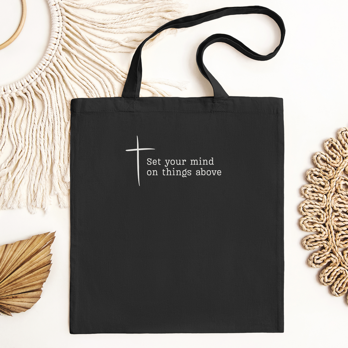 Faith based 100% cotton tote bag in black with cross and inspirational quote.
