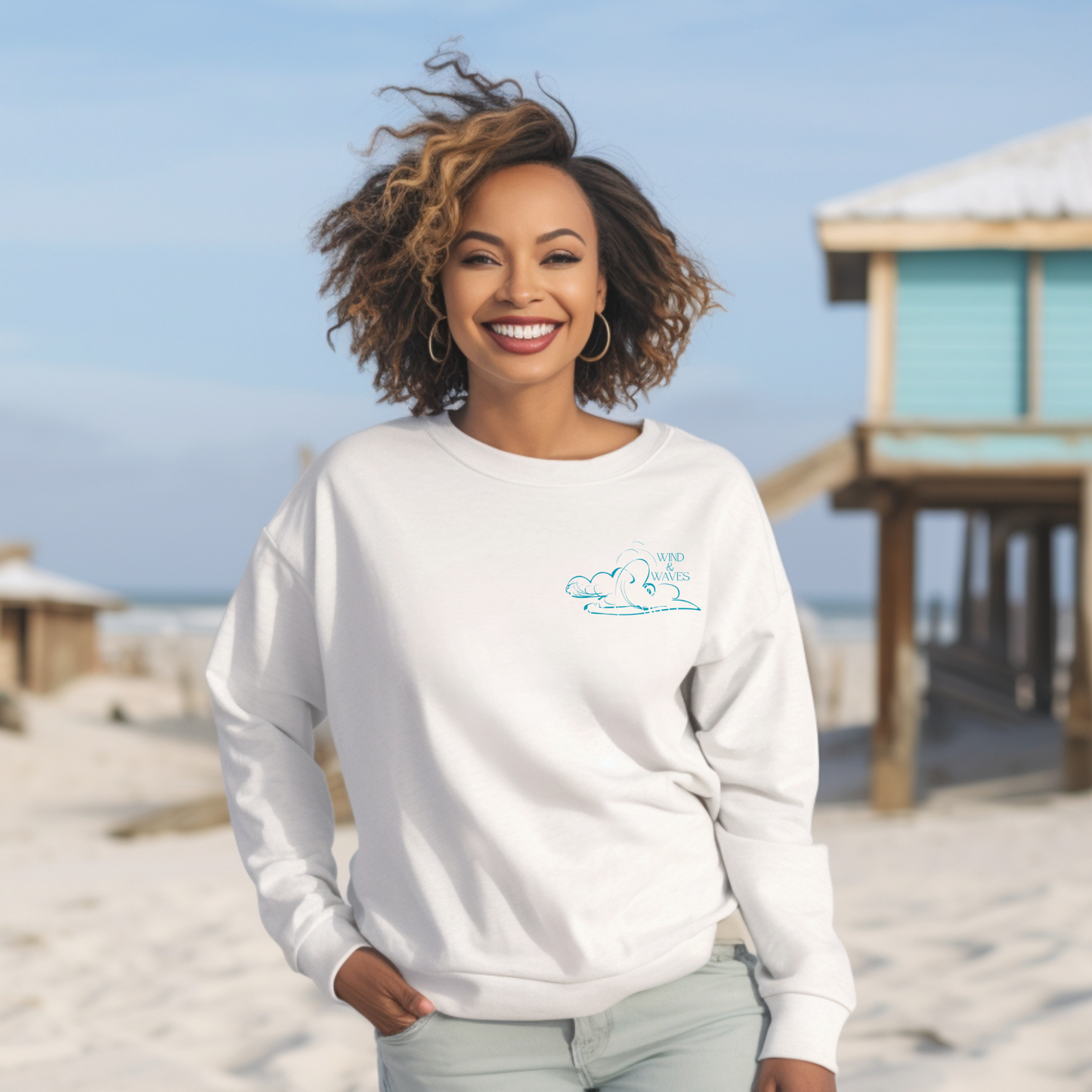Faith-based sweatshirt for men and women. White color with beach scene and scripture verse.