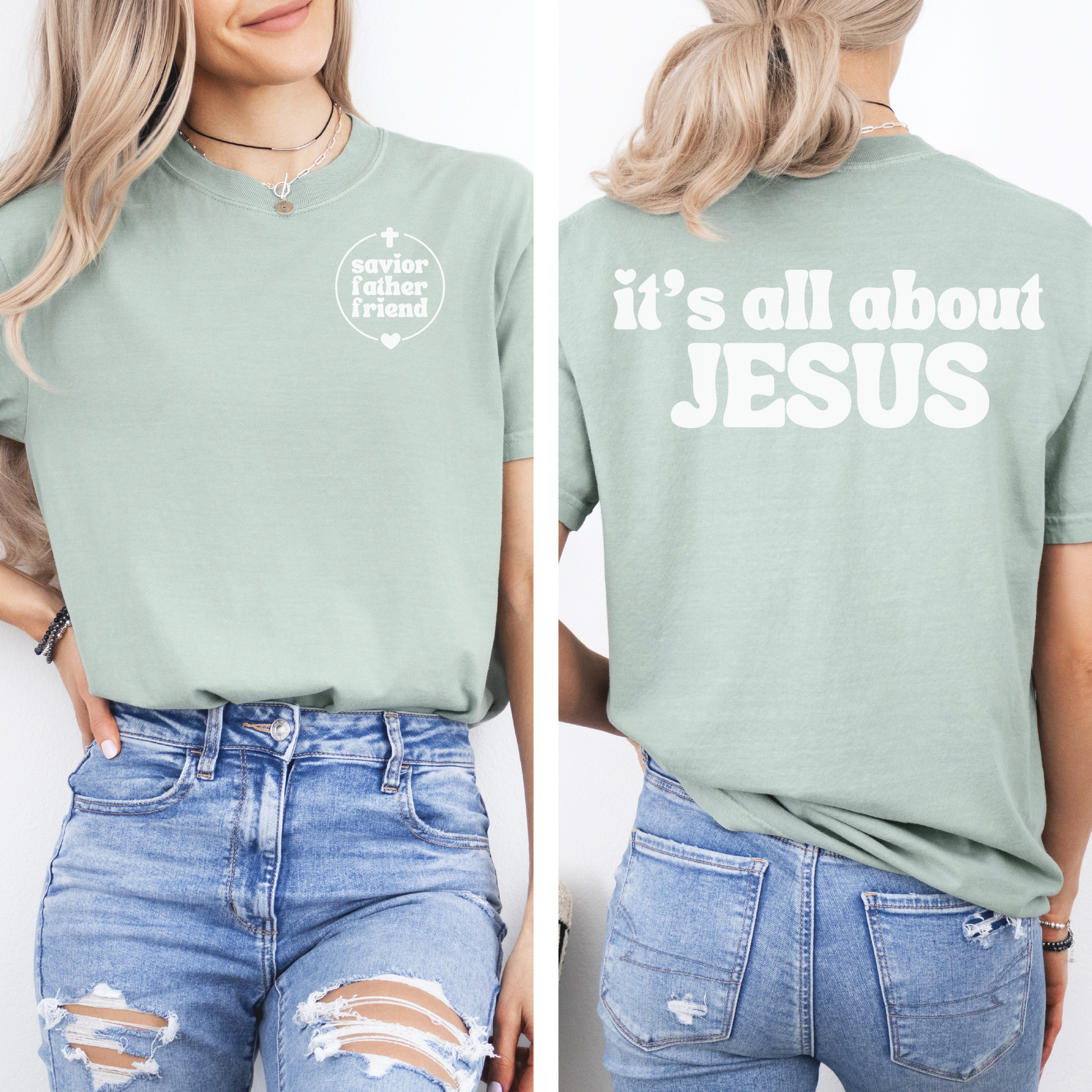 Christian t-shirt with It's All About Jesus." Bible verse tee for women and teens. 