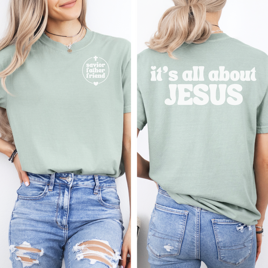 Christian t-shirt with It's All About Jesus." Bible verse tee for women and teens. 