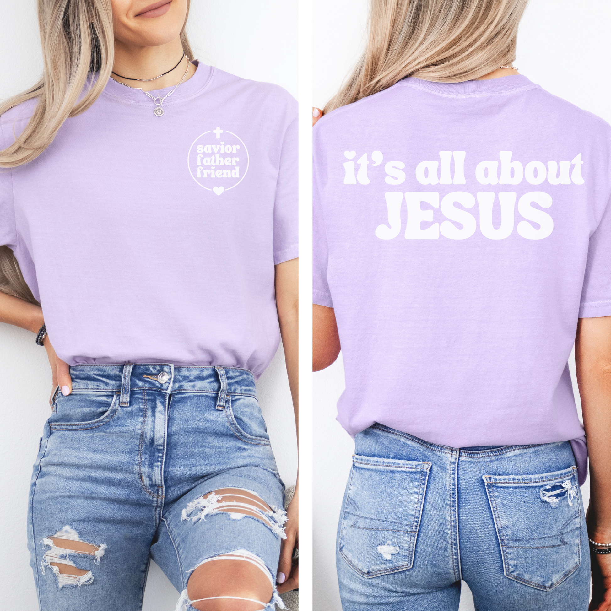 Christian Apparel T-shirt with white text reading "It's All About Jesus." Orchid color shirt for witnessing. 