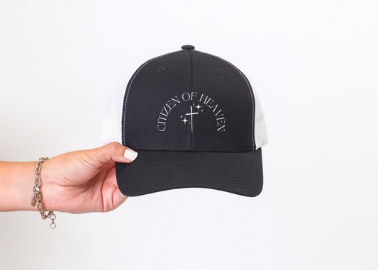 Christian trucker hat with embroidered cross and text "Citizen of Heaven".