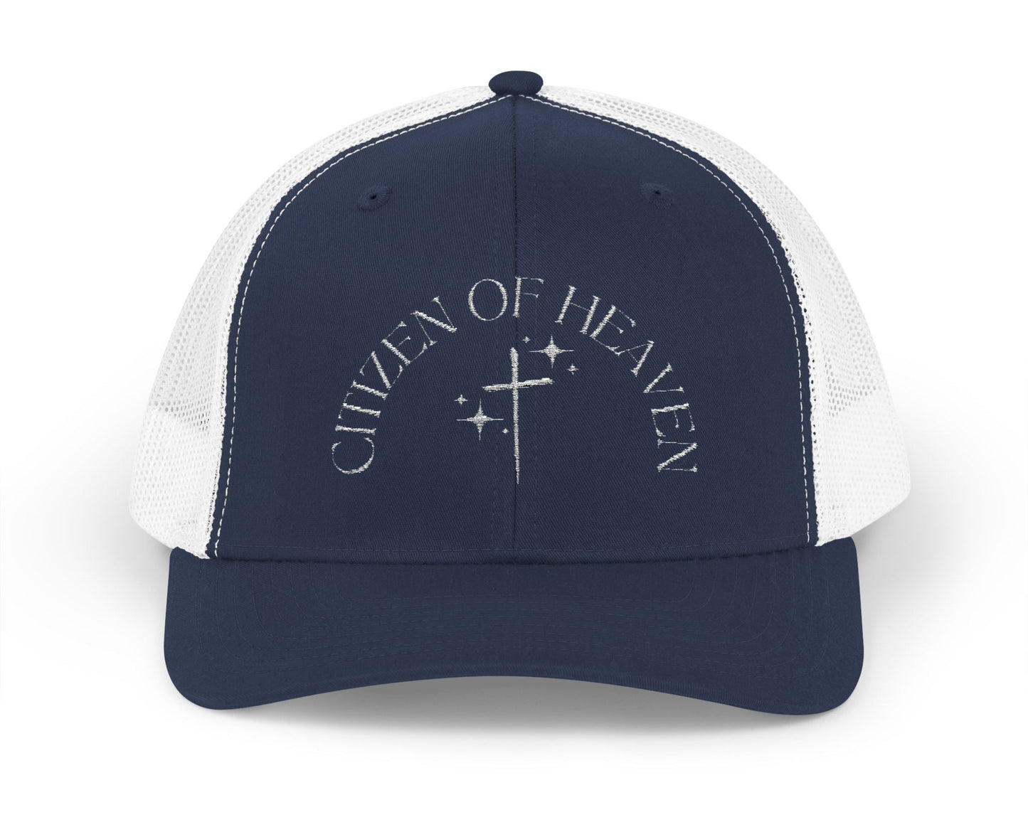 Christian Trucker Hat in navy and white with embroidered text saying" Citizen of Heaven". 