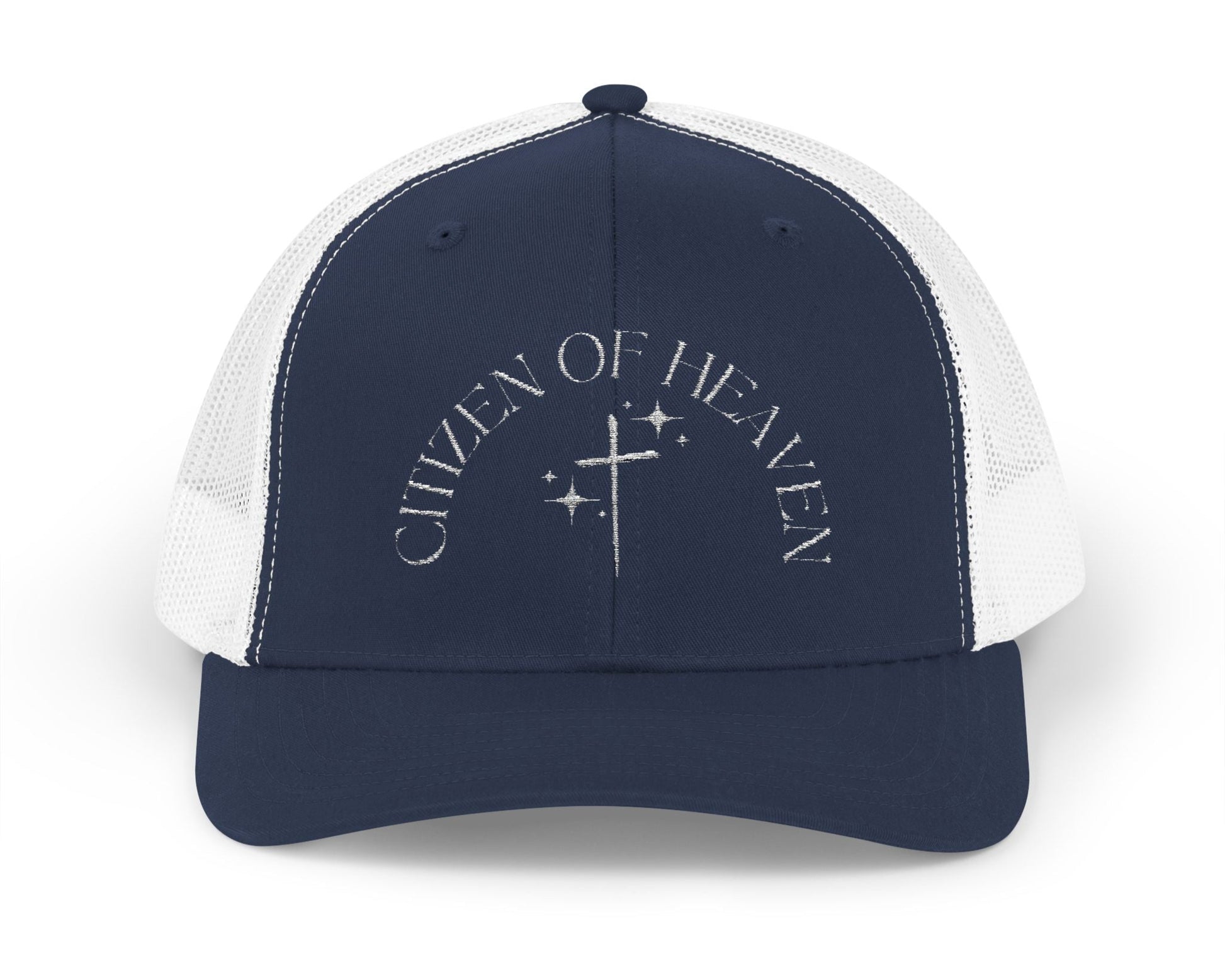 Christian Trucker Hat in navy and white with embroidered text saying" Citizen of Heaven". 