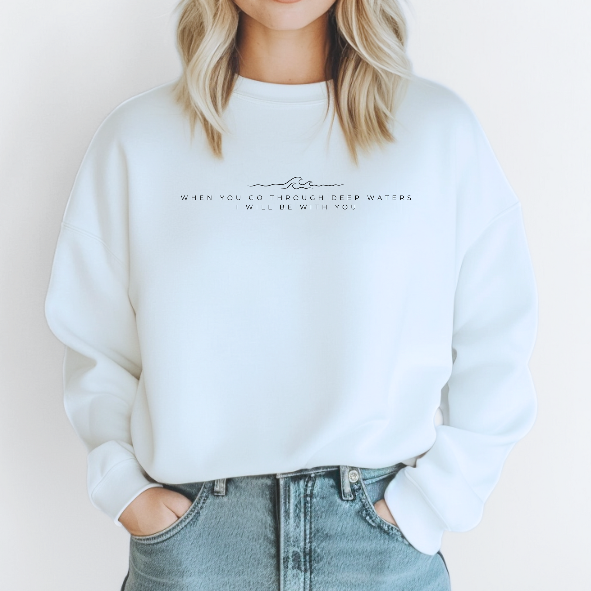 Christian sweatshirt with wave design and bible verse. Faith gift inspired from Isaiah. 