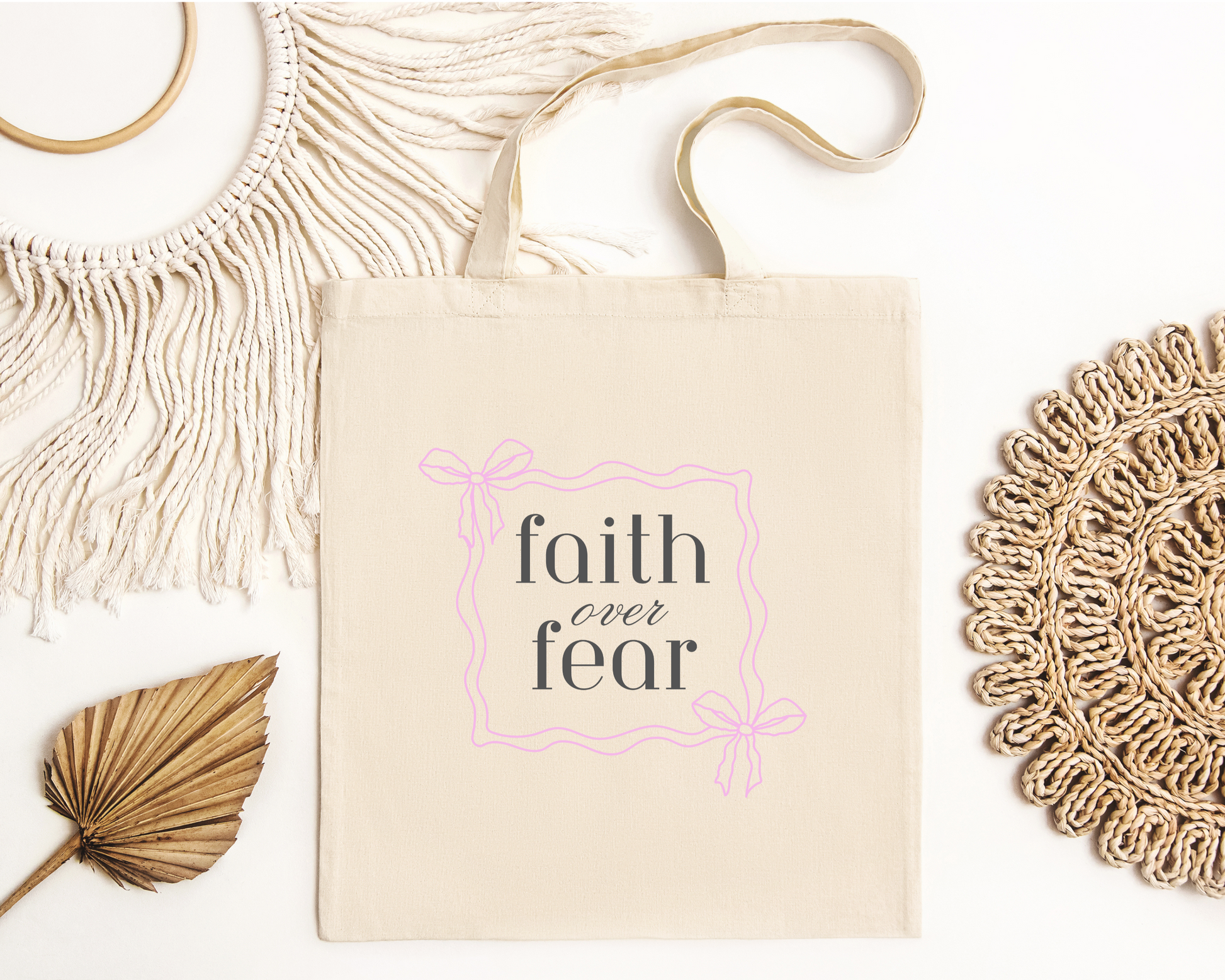 Bible Verse Tote Bag with "Faith Over Fear" text. Cotton canvas Bible bag. 