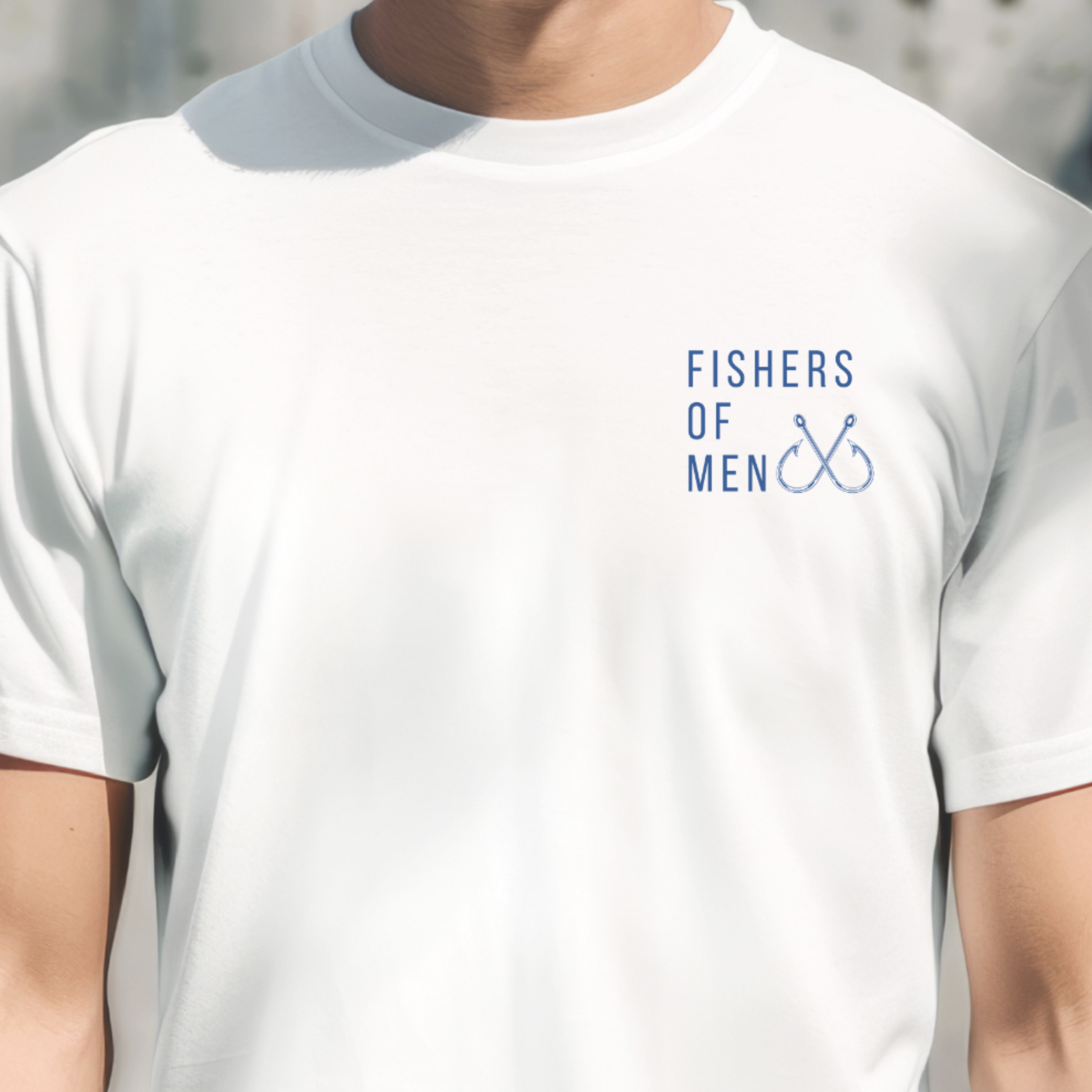 White  faith based t-shirt with 'Fishers of Men' text and fish hook design on front. Scripture text on back. 