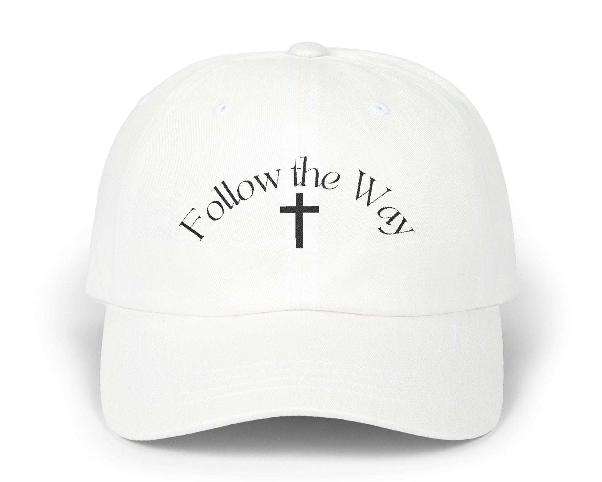 White Christian dad cap with black embroidery. Casual Jesus apparel with cross detail. Follow the Way Christian hat. 