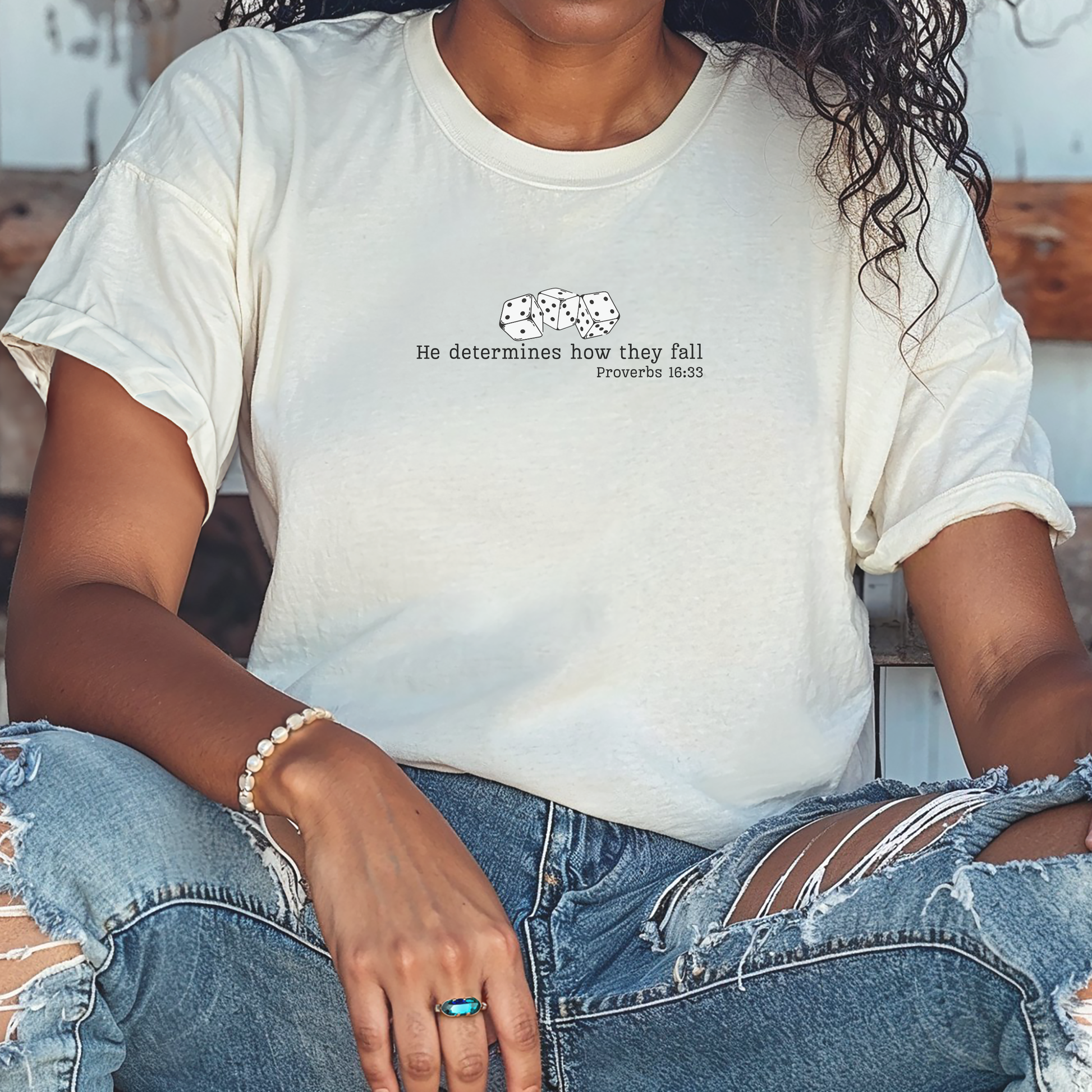 Christian T-shirt with bible verse proverbs 16:33. Minimal dice graphic. Encouraging clothing. 