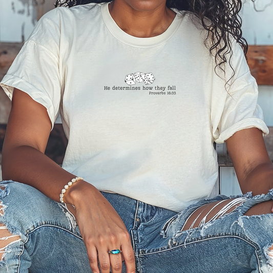 Christian T-shirt with bible verse proverbs 16:33. Minimal dice graphic. Encouraging clothing. 