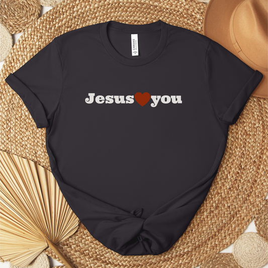 Christian T-shirt with "Jesus Loves You" design inspired by John 3:16 and Romans 5:8. 