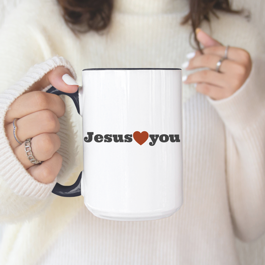 "Jesus loves you" Christian coffee mug, inspired by Romans 5:8 and John 3:16. Meaningful faith based gift designed by The Made New Company. 