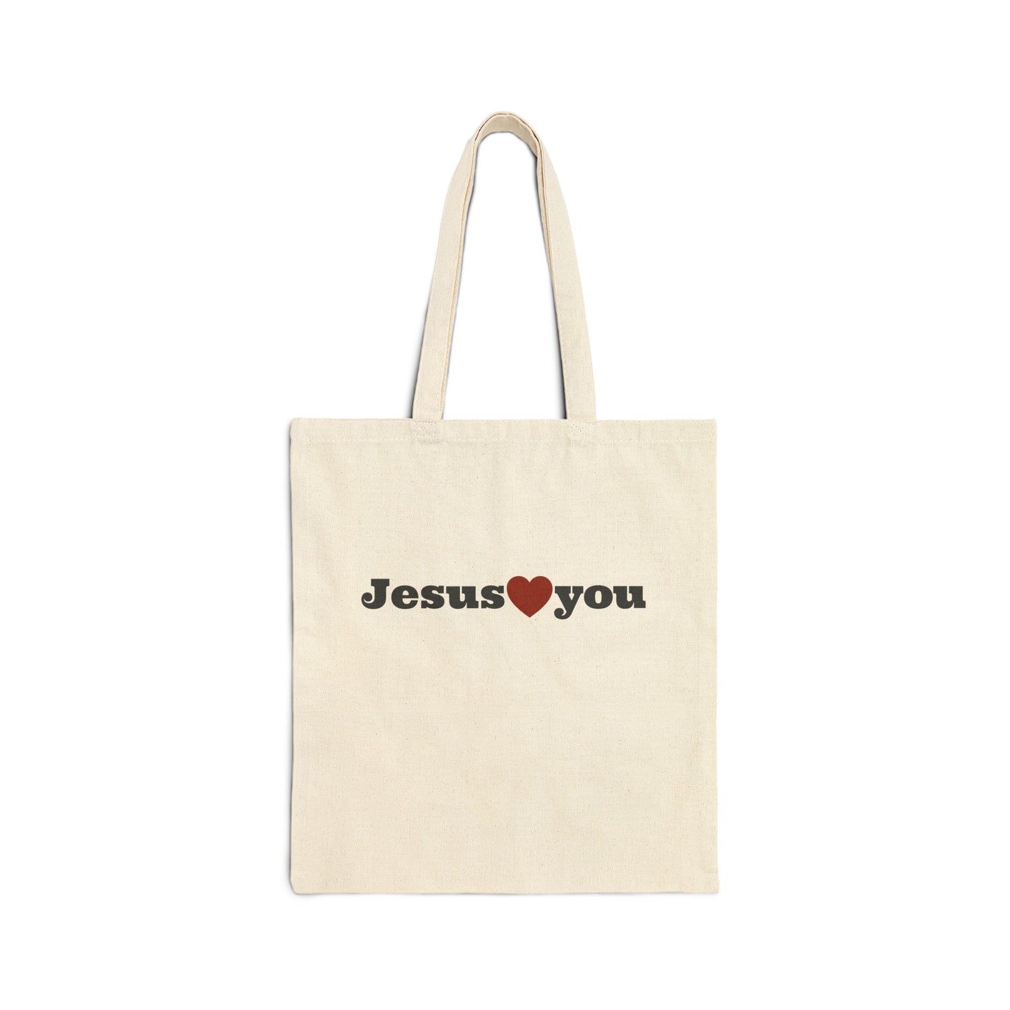 Neutral canvas tote bag with religious message Jesus loves you. Christian gift tote inspired by John 3:16 and Romans 5:8.