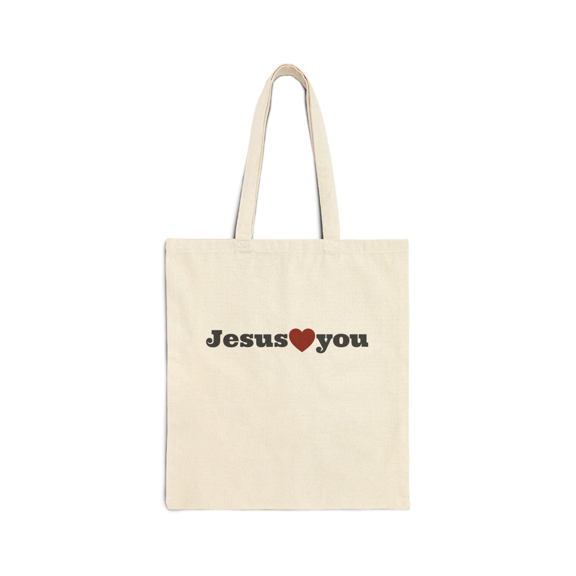 Neutral canvas tote bag with religious message Jesus loves you. Christian gift tote inspired by John 3:16 and Romans 5:8.