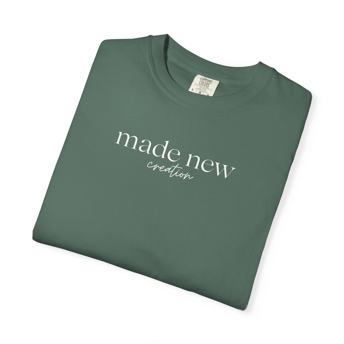 Made New Creation T-shirt in Blue Spruce color inspired by bible verse 2 Corinthians 5:17.