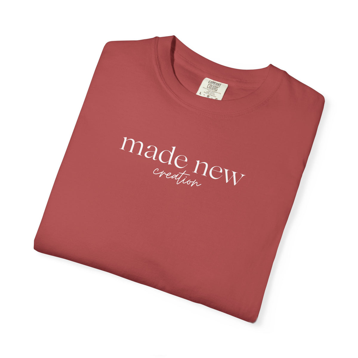 Made New Creation t-shirt in crimson color inspired by 2 Corinthians 5:17. 