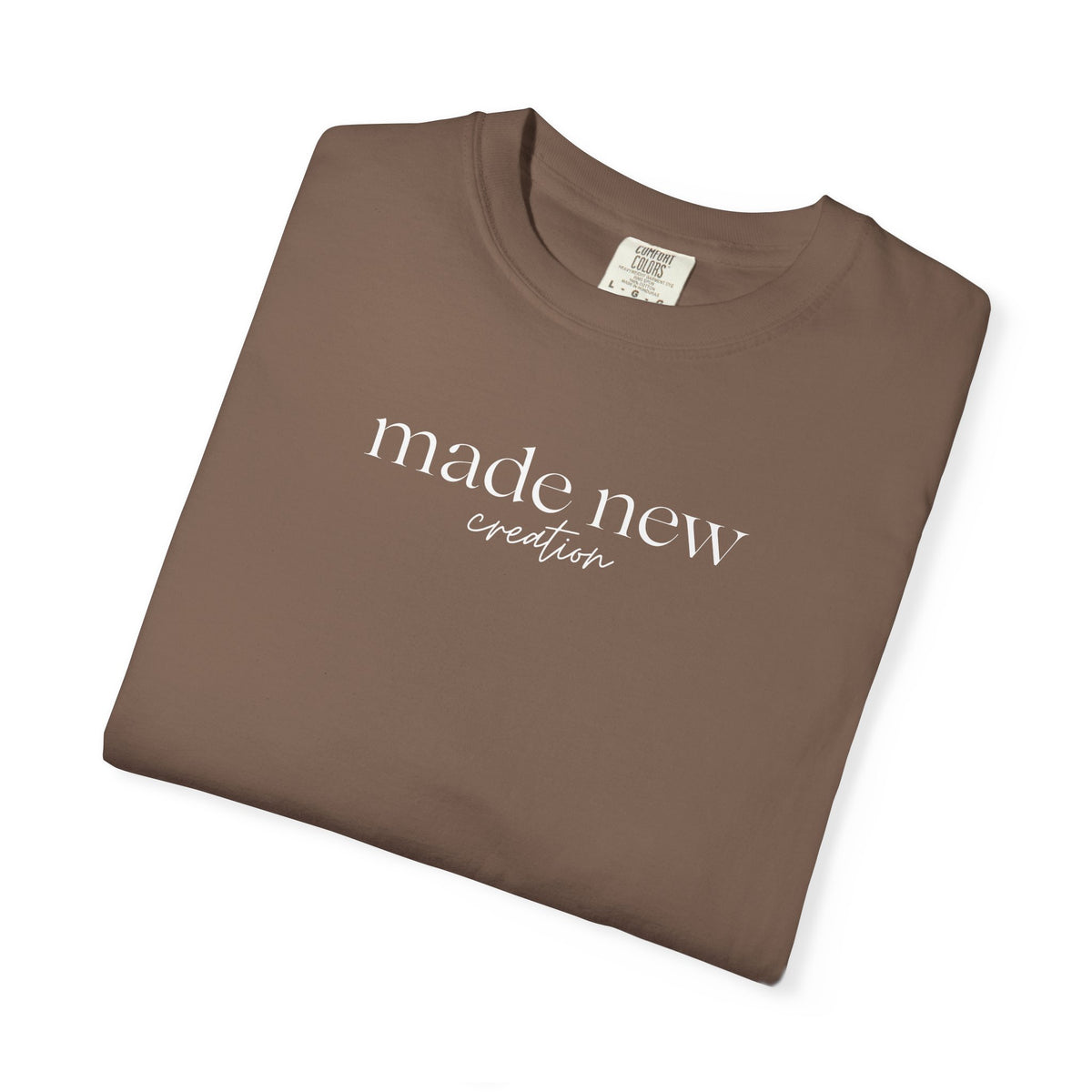 Made New Christian tee in espresso color inspired by bible verse 2 Corinthians 5:17. 