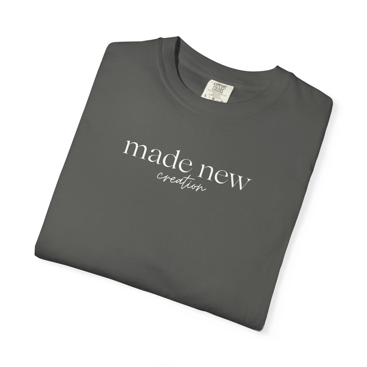 Made New Creation t-shirt in Pepper color inspired by 2 Corinthians 5:17.