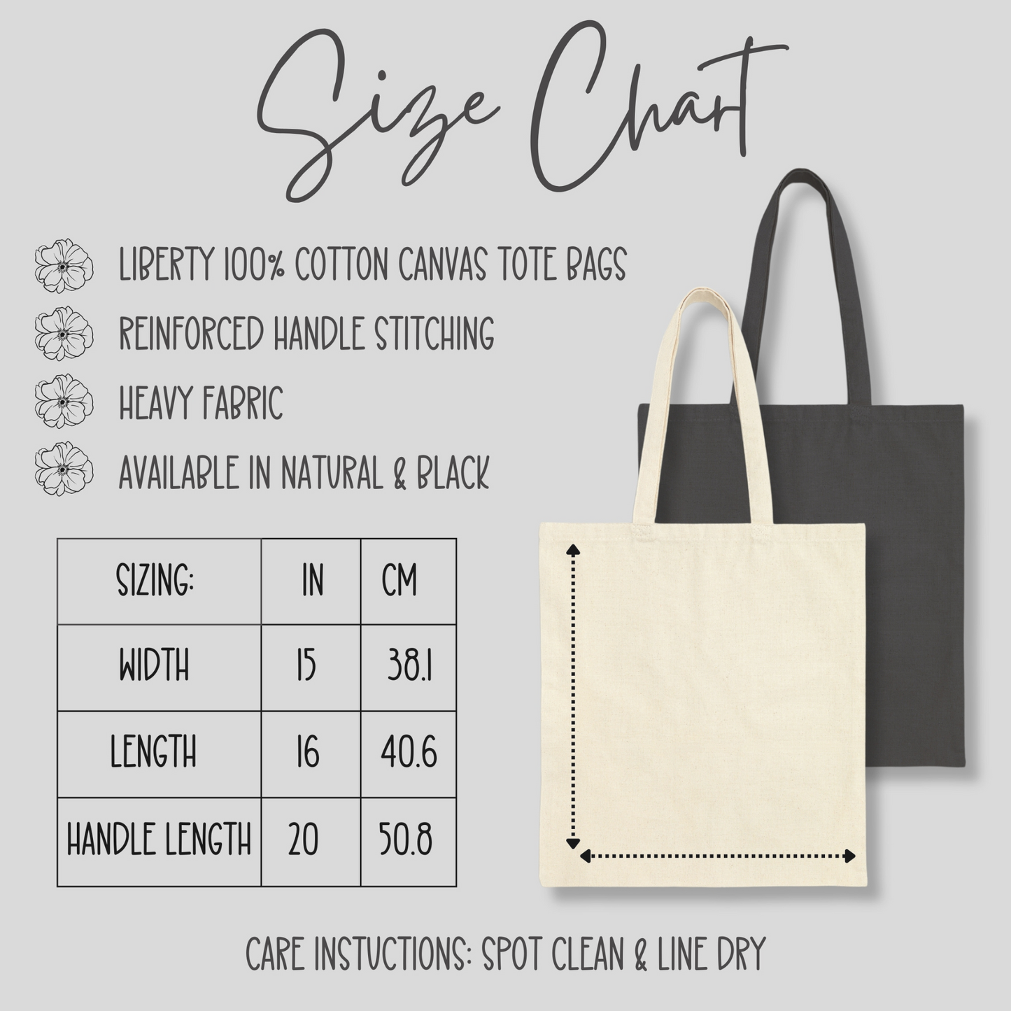 Christian tote bag size chart. Cotton canvas faith based tote bag available in neutral color. 