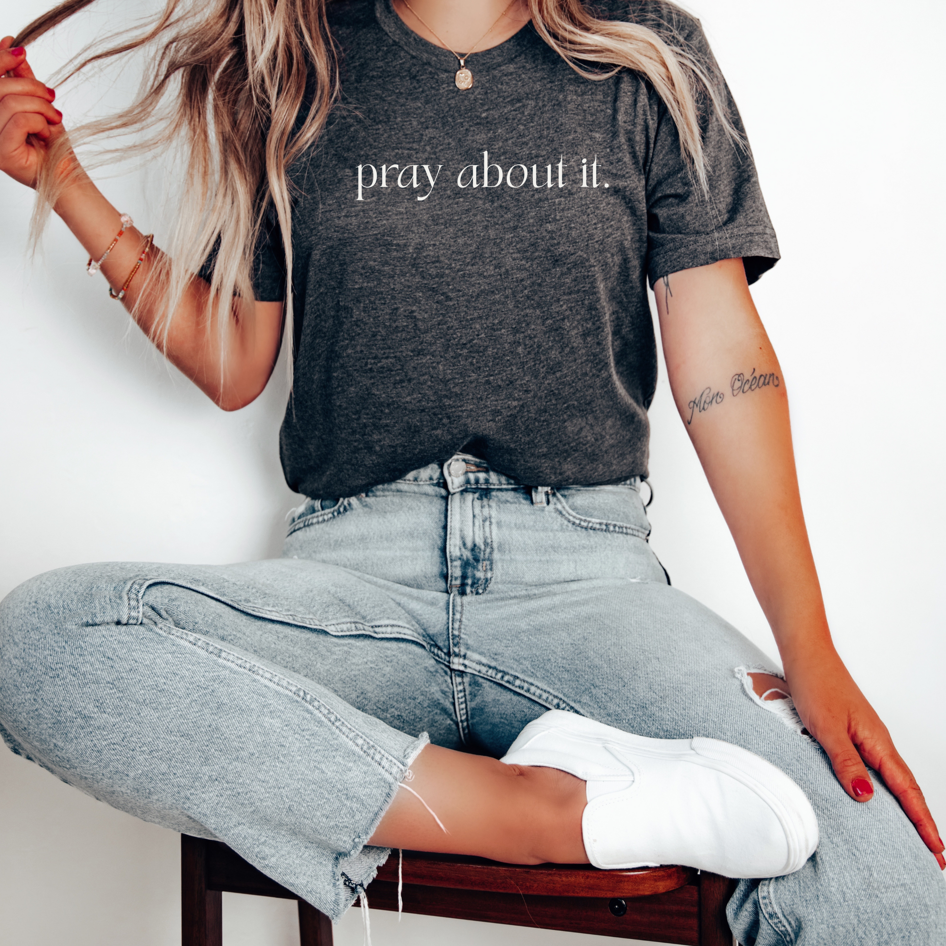 Christian tee in dark heather grey. Prayer encouragement faith based apparel. 
