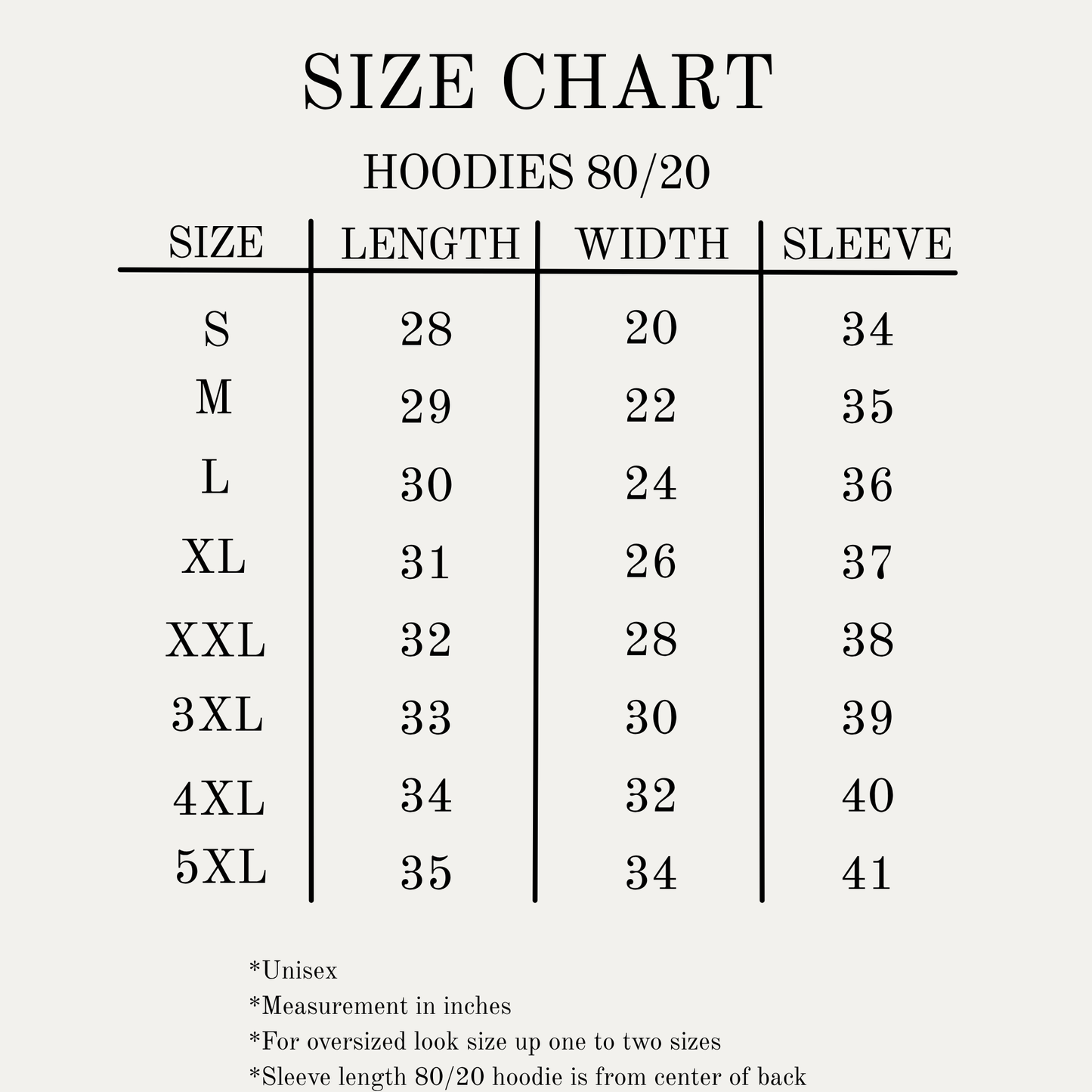 Size chart for Christian hoodies, soft style with 80/20 blend. Sizes S-5XL. 
