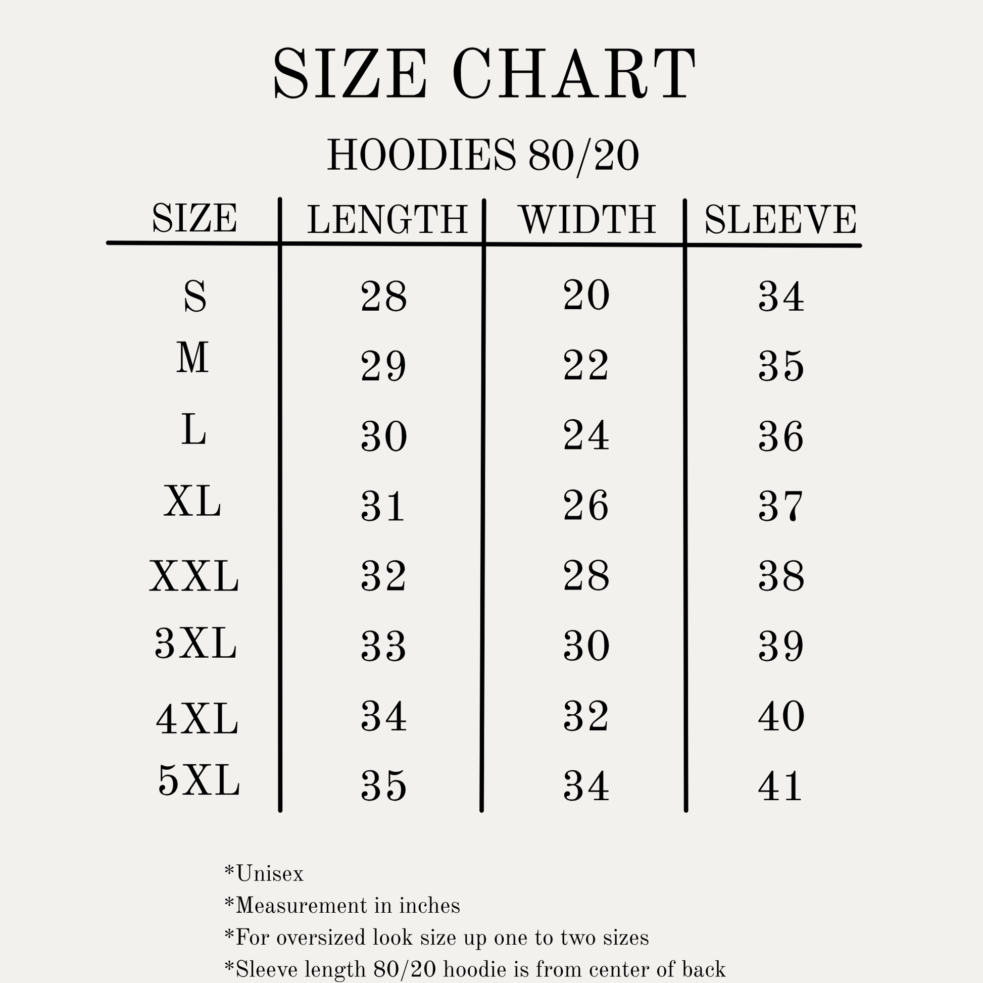 Size chart for Christian hoodies, soft style with 80/20 blend. Sizes S-5XL. 