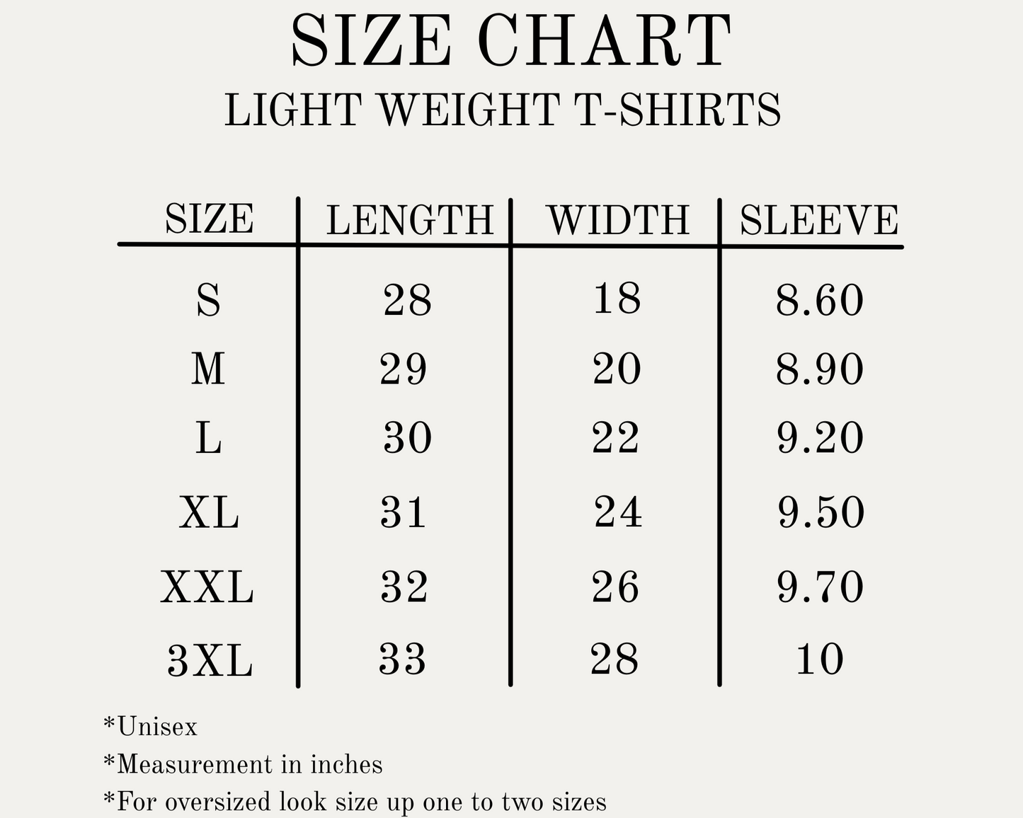 Size chart for lightweight Christian T-shirts sizes S-3XL.